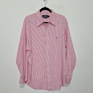 Ralph Lauren Men's Pink White Striped Classic Fit Button Down Shirt Size 17.5
